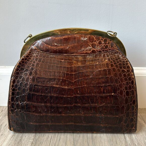 Vintage Ideal Leather Crocodile Bag Brown Embossed Brass Clasp - Picture 4 of 13